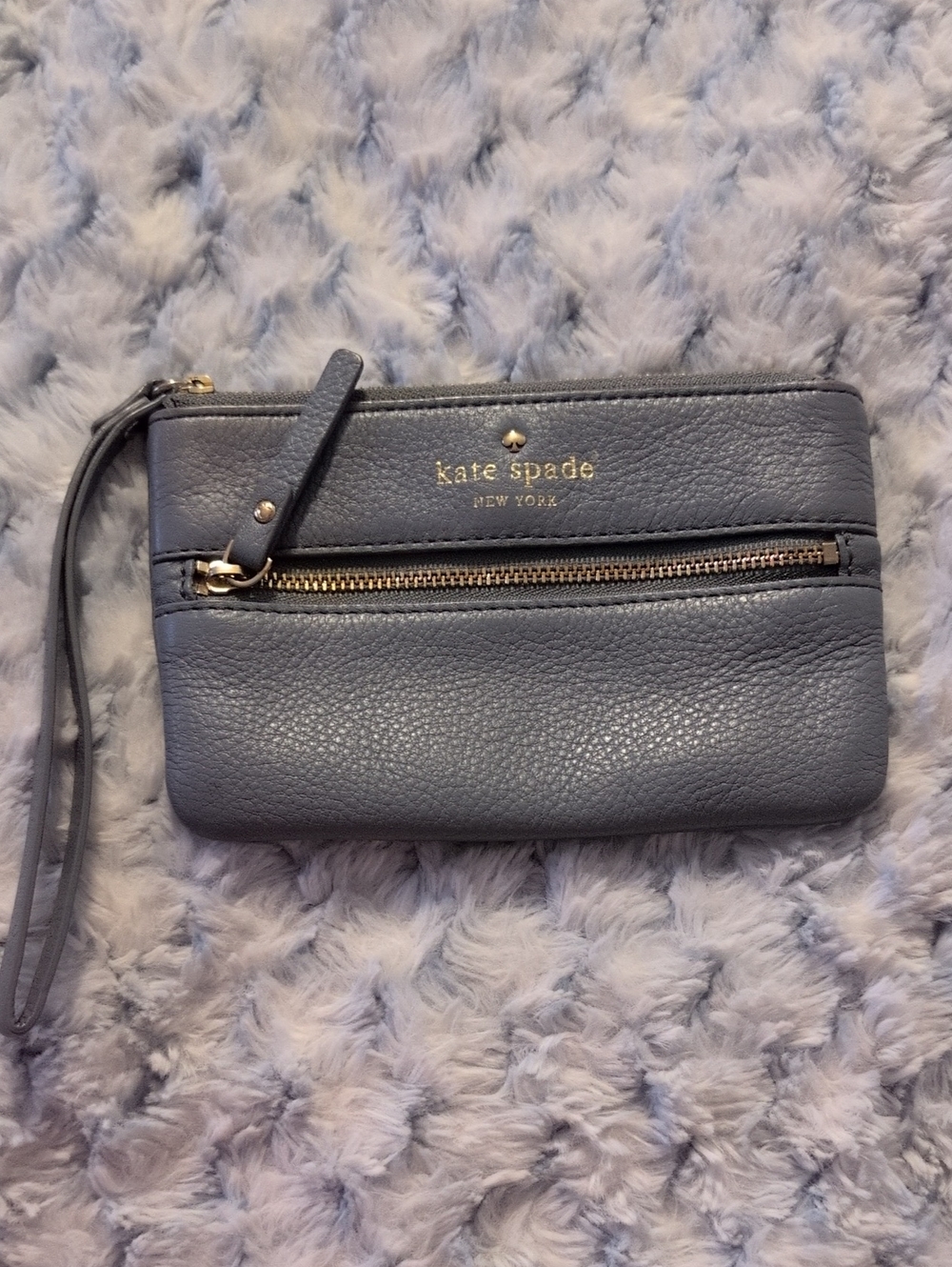 Kate Spade Blue-Gray Pebbled Leather Wristlet with Front Zip